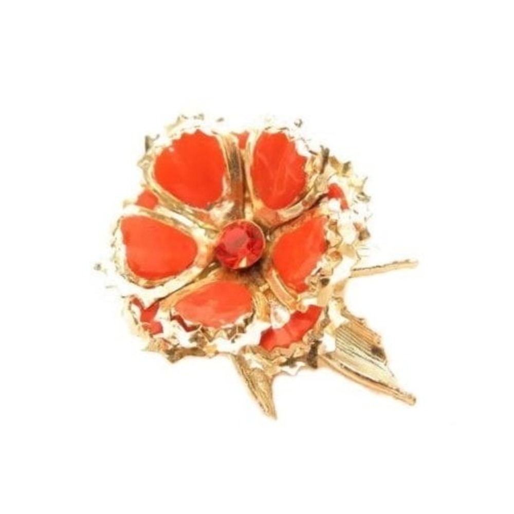 Vintage 1950's Rhinestone Flower Brooch Pin with Red Crystal Center